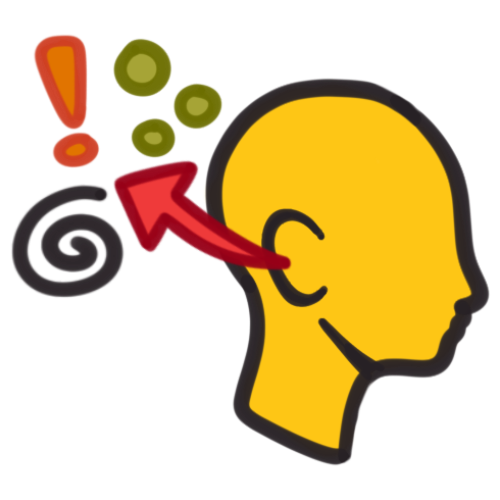 a simplified, profile of an emoji-yellow head, with a red arrow pointing away from the ear and towards three symbols; an orange exclamation point, three yellow-green nausea bubbles, and a black spiral.
